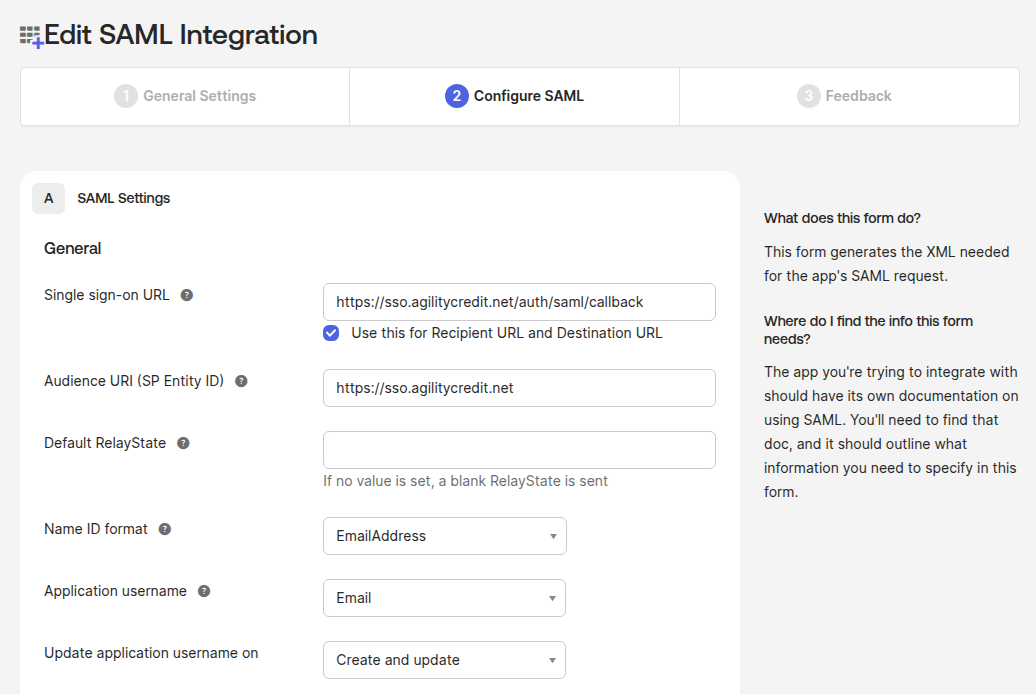 Agility OKTA SAML config